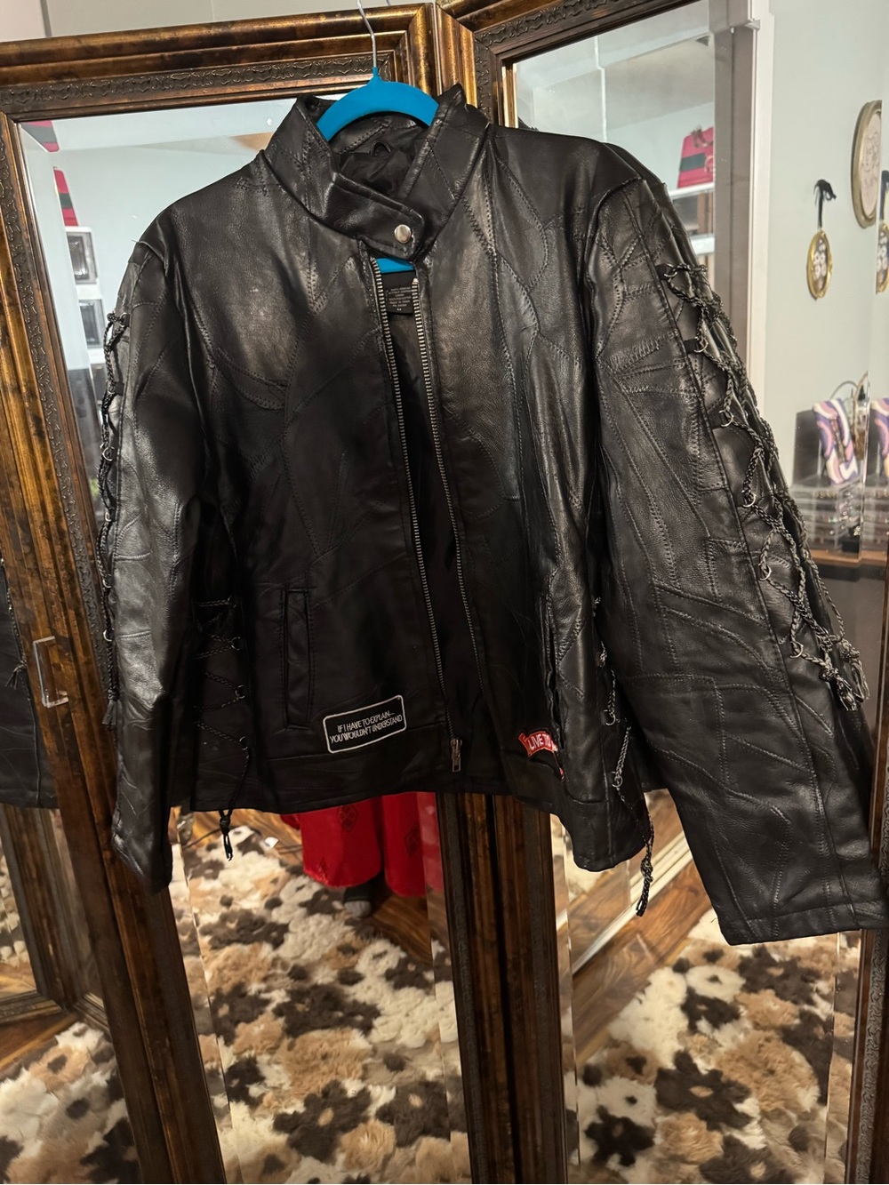 Diamond Plate Buffalo Leather riding Lace-Up Sleeve Jacket